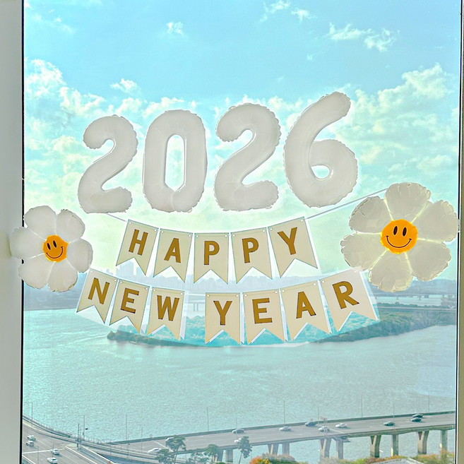 연말 파티 용품 풍선 은박 용품 신년 새해 해피뉴이어 숫자 알파벳 소품, 1개, 해피뉴이어 플래그 팩 - 화이트