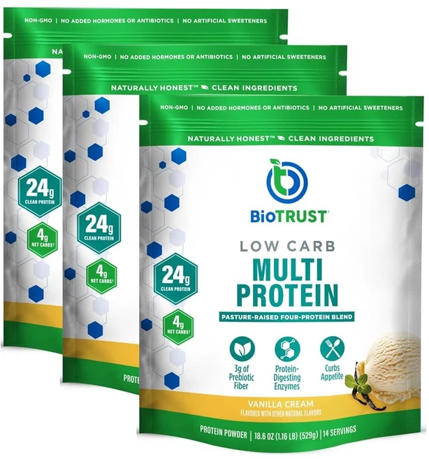 193016 BioTRUST 바이오트러스트 저탄수화물 단백질 파우더 20oz 유청 카제인 블렌드 글루텐 카페 모카, 바닐라, 14 Servings (Pack of 3), 529g - 쿠팡