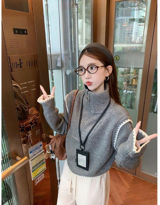 拼接針織衫 半拉鍊高領毛衣 女