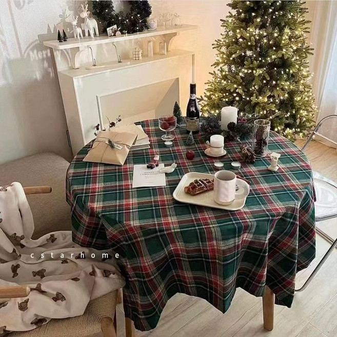 퓨어몰링 크리스마스 감성 체크 식탁보 캠핑 홈파티 테이블보 3size 2colors, 그린, 90X90, 1개