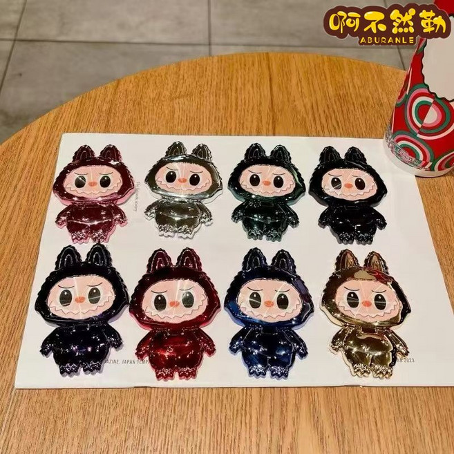 拉布布labubu 卡通手機支架 帶化妝鏡 桌面摺疊通用背貼式, 藍色, 1個