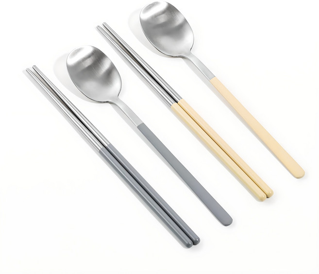 키볼리 SUS 304 파스텔 한식 2인 수저 세트, 그레이 + 크림, 숟가락(2p) + 젓가락(2p), 1세트