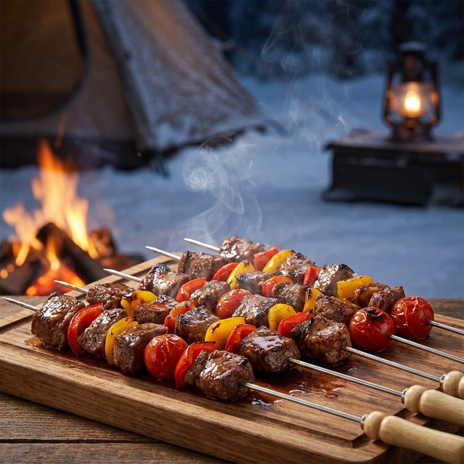 스테인리스 우드 캠핑 BBQ 바베큐 꼬치 10개구성, 1세트