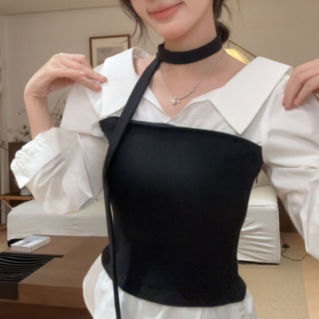 칩썬데이 여성 레이어드 뷔스티에 블라우스 일체형 브이넥 셔츠 머플러 세트 슬림핏 하객룩 오피스룩