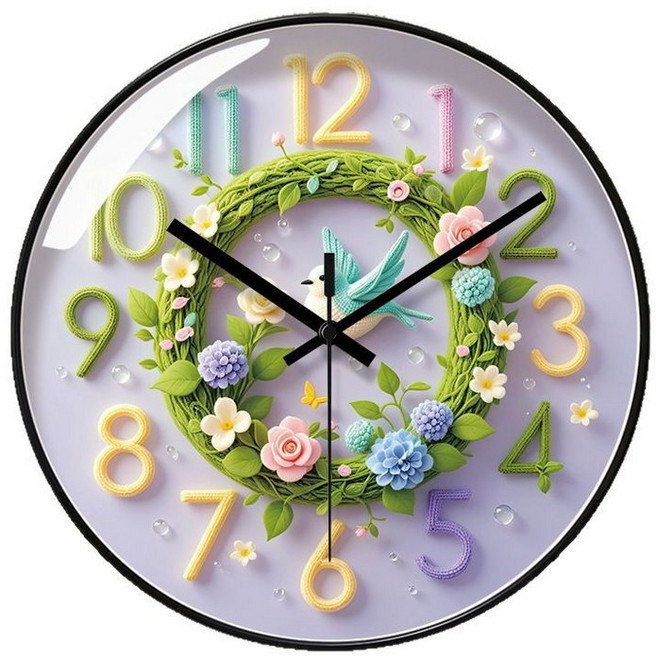 STYLE.DR 인테리어 무소음 벽시계 귀여운 플라워 큐티 캐릭터, 퍼플
