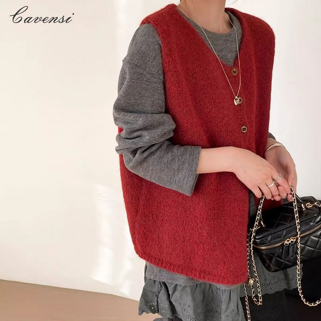 Cavensi 韓式氣質排釦針織背心，秋冬厚實軟糯外搭毛衣背心，加大碼適用40-75公斤