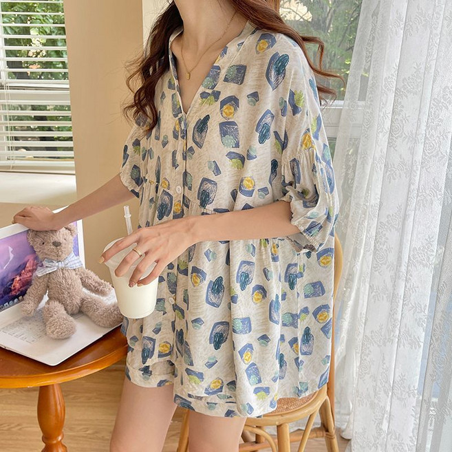 Makone 여성 빅사이즈 잠옷 세트 캐주얼 파자마 브이넥 프린트 여름 얇은 반팔 카디건 반바지 세트 루즈핏 홈웨어 슈트