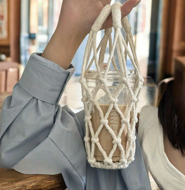 다용도 핸드메이드 매듭 컵 홀더 물병가방 주머니 그물망 텀블러 홀더, 화이트, 1개