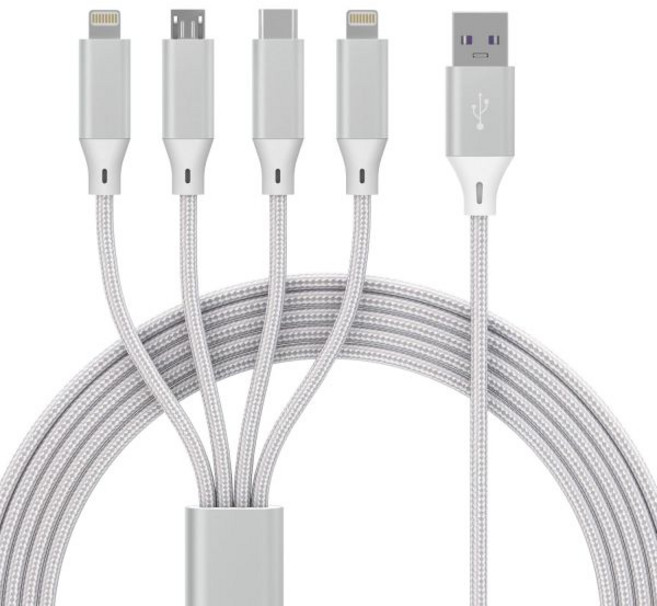 멀티 충전 케이블 4in1 나일론 직조 MFi 인증 USB 고속 2미터6피트 다중 충전기 라이트닝타입 C마이크로 커넥터 포함 아이폰 안드로이드 화웨이 태블릿흰색, 멀티 충전 케이블 4in1 나일론 직조 MFi 인증 U
