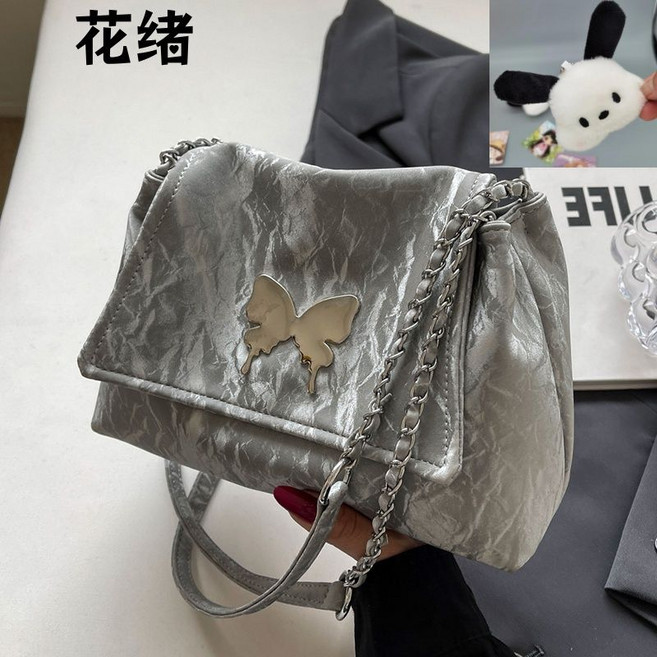 花緒 時尚女包 鏈條單肩包, 1個, 尊享版-银灰【升级加厚皮革】单个包包无挂件