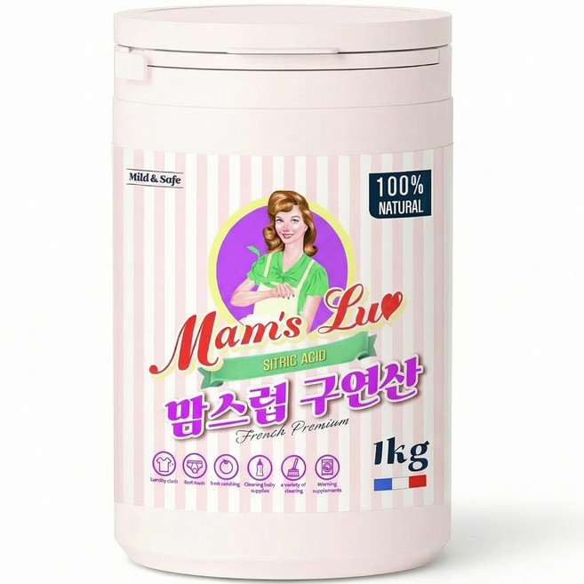 맘스럽 (초특가) 구연산 1kg x 1통 프리미엄 용기형 1등급 천연세제 세탁세제 세정제 세제는 맘스럽 입니다, 1개