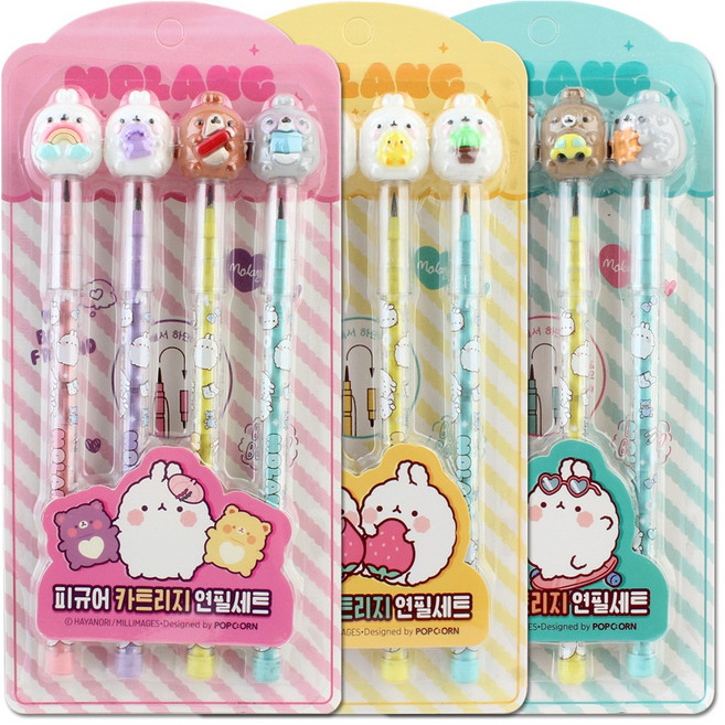 몰랑 피규어 카트리지 연필세트 V5/어린이 학생 학교 단체선물, 3개