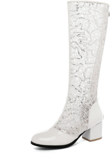 트로트 고고 장구 무대 공연 의상 신발 둥근코 망사 레이스 봄 여름 여성 롱 부츠 봄 여름