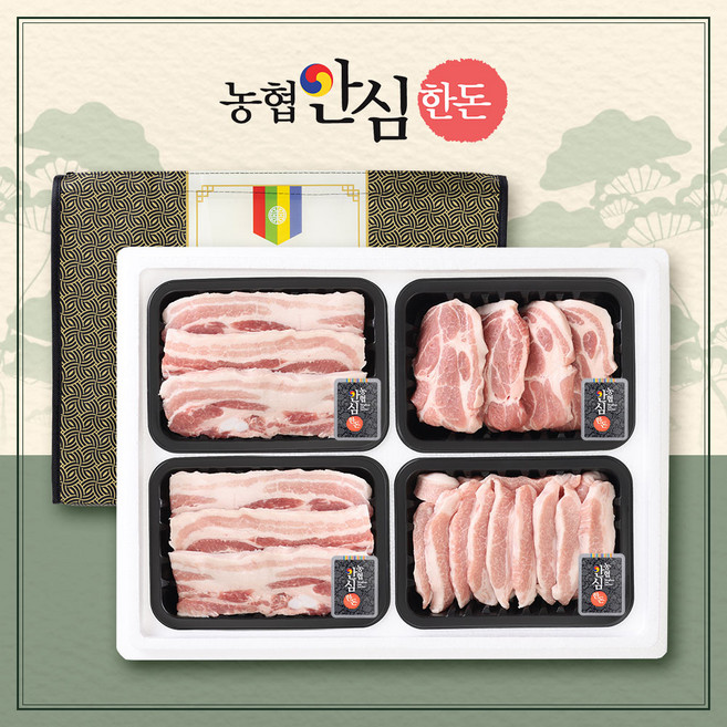 [농협안심한돈] 무항생제 한마음 선물세트 1호 1.2kg(삼겹살300 삼겹살300 목살300 항정살300), 1세트