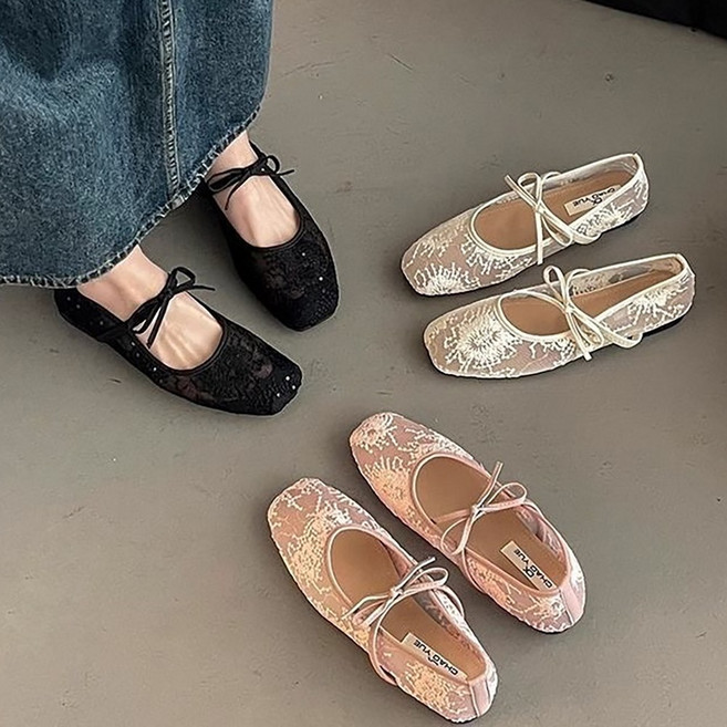 ROYALBELLE 여성 망사 레이스 시스루 스트랩 스퀘어토 플랫슈즈 데일리 착용 단화 E01020107