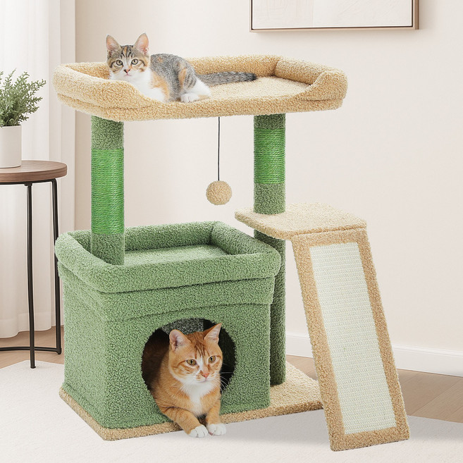 PAWZ Road 3단 다색 귀여운 고양이 소형 캣타워 탑 라운지 +사다리+ 숨숨집, 1개, 그린
