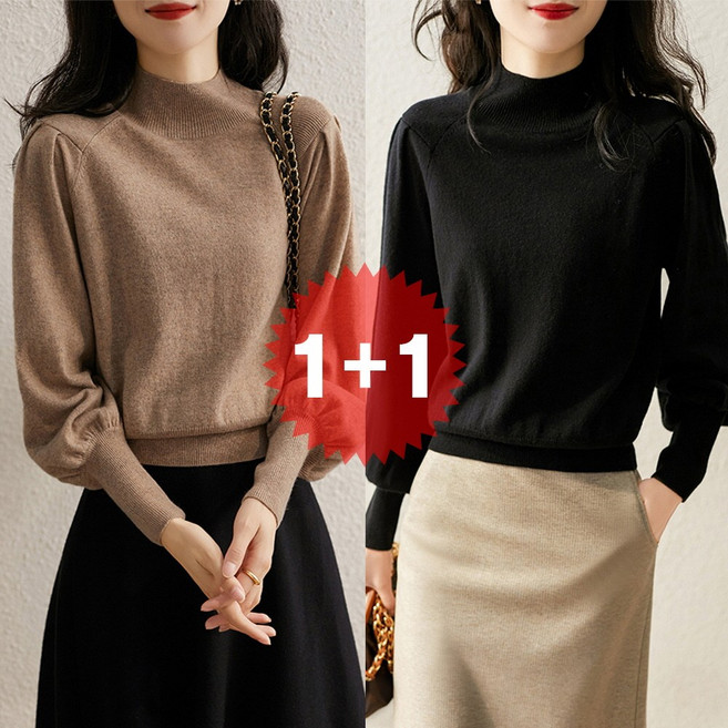 지디오 여성 목폴라 티셔츠 2개 세트 하프 터틀넥 니트 긴팔티 긴팔 퍼프 스웨터