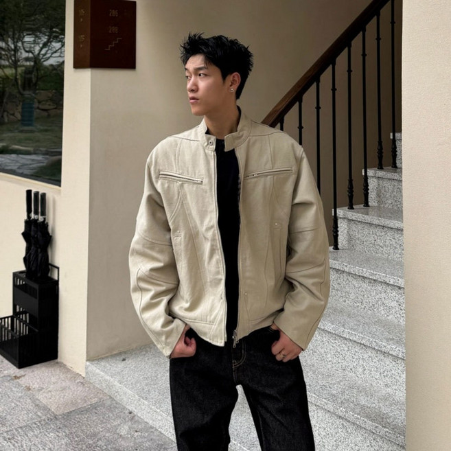 ANYOU 남자 재킷 코트 캐주얼 카라넥 오버핏 와이드숄더 집업 바람막이