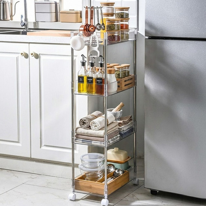 틈새 트롤리 이동식 틈새선반 소품정리대, 투명화이트