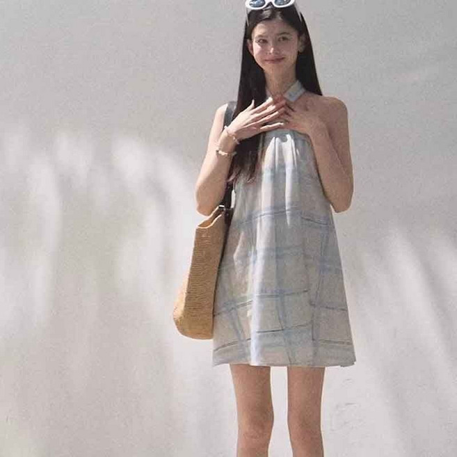 法式格紋掛脖無袖露肩連衣裙 女 夏季海邊度假寬鬆短裙, S建議【80-95斤】