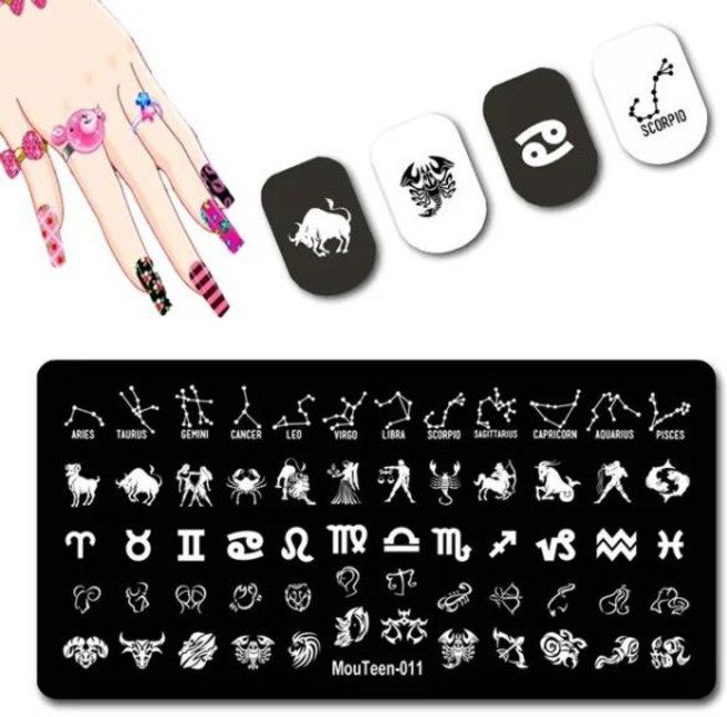 네일용스티커 조디악 징후 네일 스탬프 별자리 요소 스탬핑 플레이트 홀더 행운의 로그인 손톱 템플릿 011, 1개
