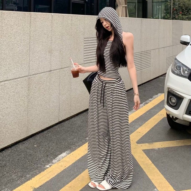 COSYEVNO 여름 트레이닝복 세트 스트라이프 후드 민소매 티+와이드 팬츠 투피스