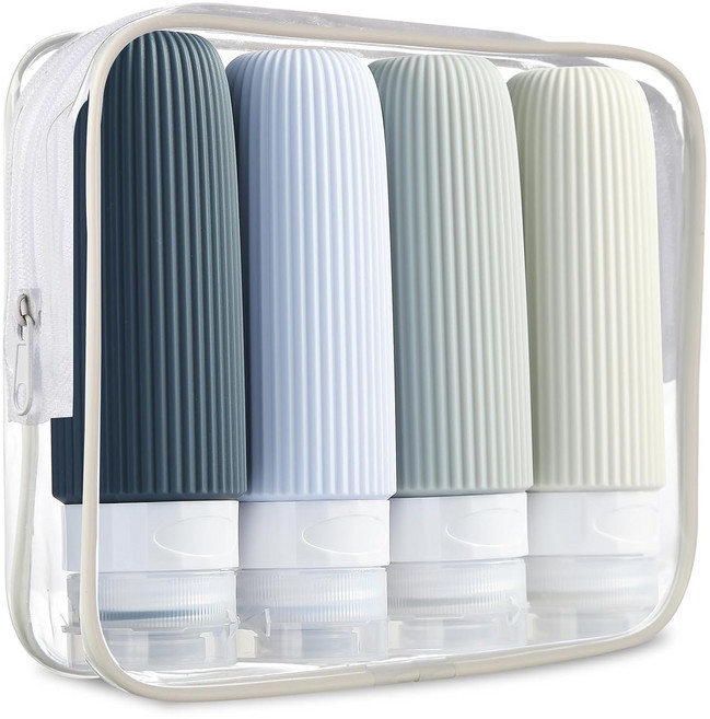 [4P세트]올레디유 여행용 실리콘 90ml 공병 수영장 휴대용 대용량 샴푸통 소분 용기, 그레이블루, 1세트, 공병세트