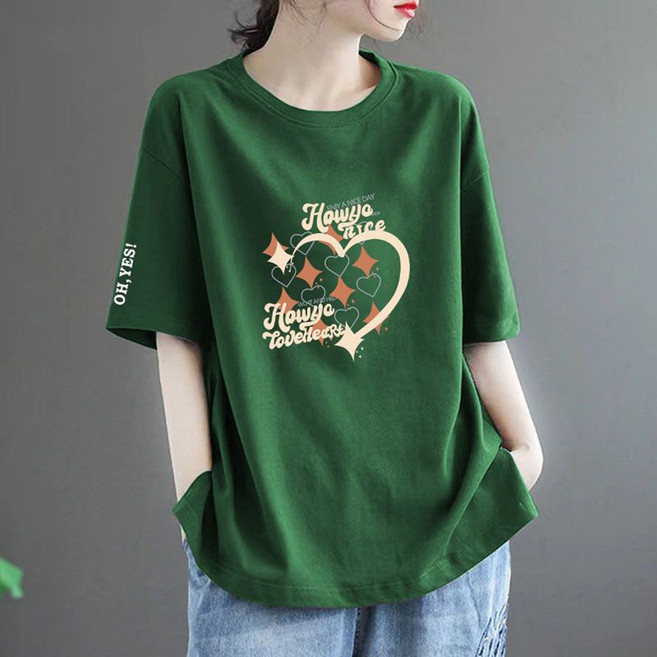 로르카 여성 하트 프린트 라운드넥 루즈핏 캐주얼 데일리 면 반팔 티셔츠 V01031411