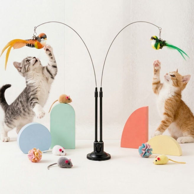 캐럿몰 2in1 튼튼한 고양이 장난감 진짜같은 새 낚시대, 그린 오렌지, 1세트