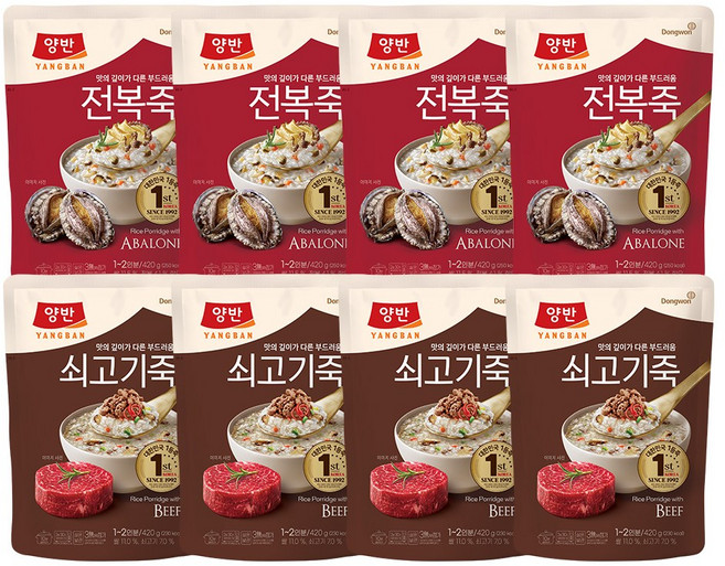 [동원] 양반 파우치죽 420g 전복죽 x 4개 + 쇠고기죽 x 4개, 1개