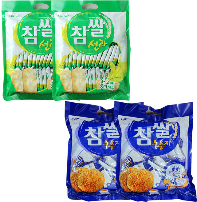 크라운 쌀과자 참쌀누룽지 216g x 2개 + 참쌀선과 253g x 2개 사무실 학교 간식 과자 스낵, 2세트, 469g