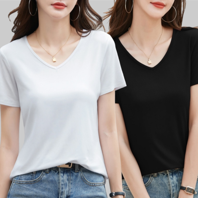디어스킨 여성 모달 브이넥 반팔 티셔츠 2P
