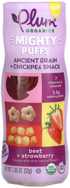Plum Organics Mighty Puffs 고대 곡물 + 병아리콩 스낵 유아용 비트 딸기 52g(1.85oz) Organics (플럼 오가닉스), Plum Organics, Mighty Puffs, 고, 1