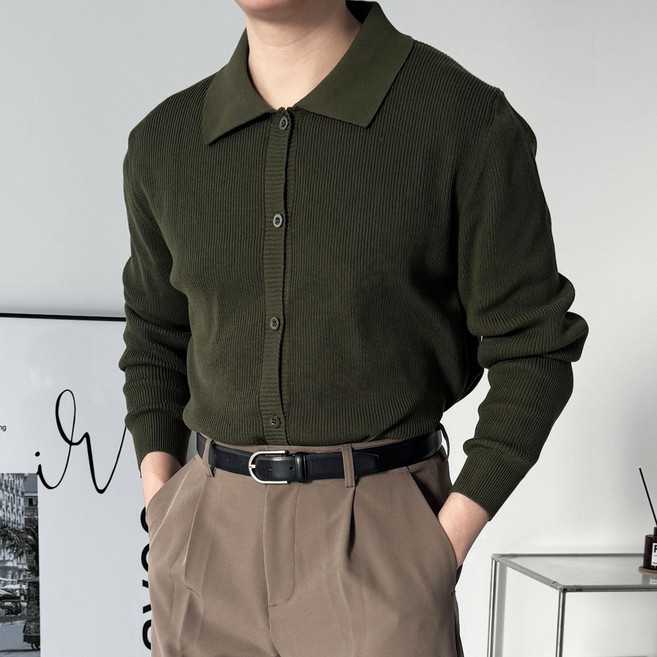 다이나믹피플 남자 오버핏 카라 니트 가디건 워셔블 카라넥 카디건