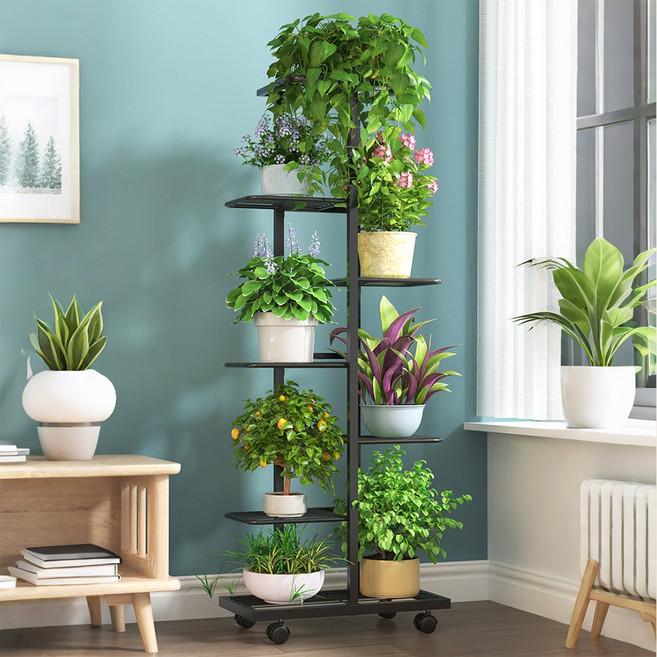 호밍사이 거실화분정리대 현대풍 화분진열대 움직이는 베란 화분 정리대, 블랙, 7단