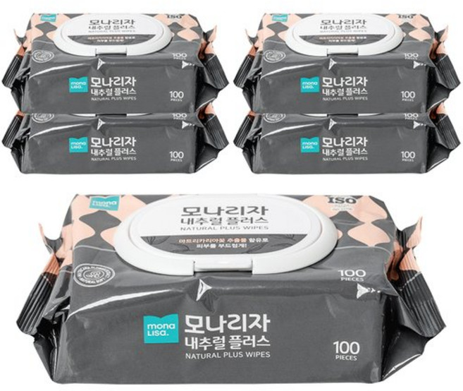 모나리자 모나리자 내추럴 플러스 물티슈 캡형 100매 x 5팩, 192g