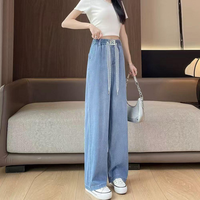 蕾絲牛仔褲 高腰顯瘦夏季薄款寬鬆透氣飄帶女褲