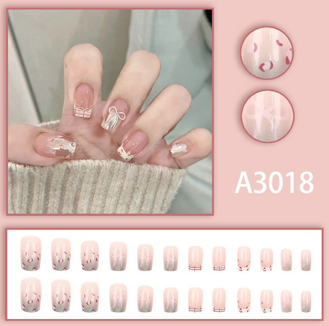 A066 穿戴甲片 短款法式氣質假指甲貼片 蝴蝶結美甲貼片, 1個, A3018