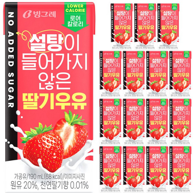 빙그레 설탕이 들어가지 않은 딸기우유 190ml 12팩, 12개