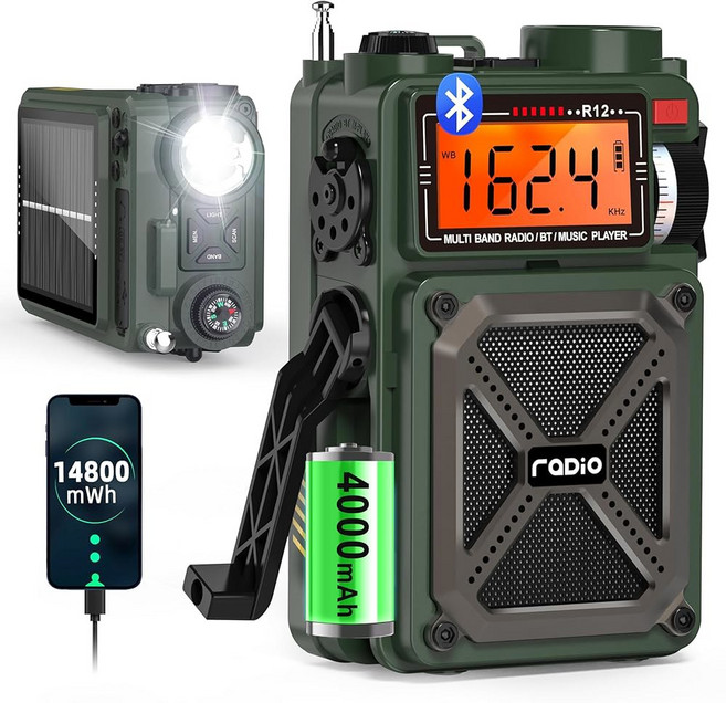 NOAA 날씨 라디오가 탑재된 Greadio 휴대용 단파 라디오 블루투스 5 4가 14800mWh 디지털 라디오 AM FM 크랭크/태양광/USB 충전 USB/TF 지원 야외, Green, AM FM SW WB
