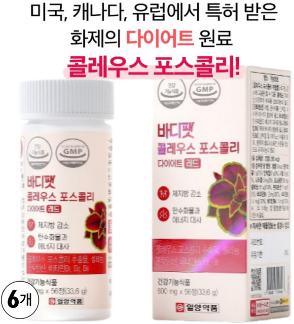 일양약품 바디팻 콜레우스 포스콜리 다이어트 레드 셀레늄 판토테산 비타민B군 함유 체지방 감소 보조제 건강기능식품, 56정, 6개