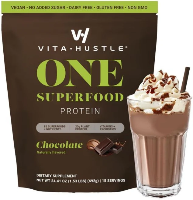 단백질 쉐이크 프로틴 비타허슬 원 슈퍼푸드 식사 대용 식물성 파우더 비건. 86가지 비타민 미네랄 아쉬와다 적응제. 케빈 하트가 설립했습니다. (바닐라) 15인분, Chocolate - 15 Servings, 692g, 1개 - 쿠팡