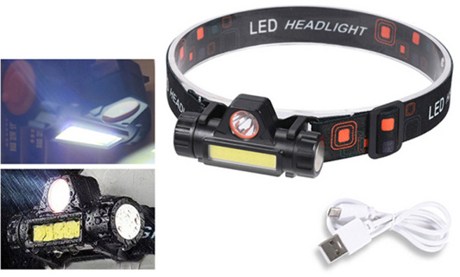 雙光源迷你爆亮頭燈 USB充電 廣角照明, Black, 1個