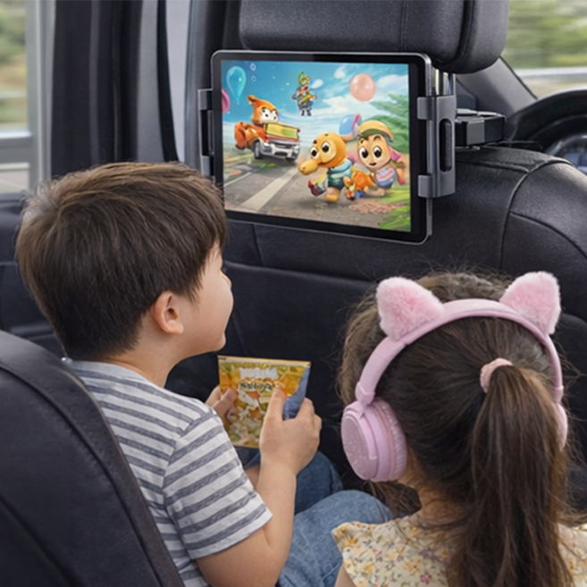 라이프엔라이크 차량용 헤드레스트 태블릿 거치대 뒷좌석 확장형 아이패드 거치대 각도조절 가로세로 회전, 블랙, 1개