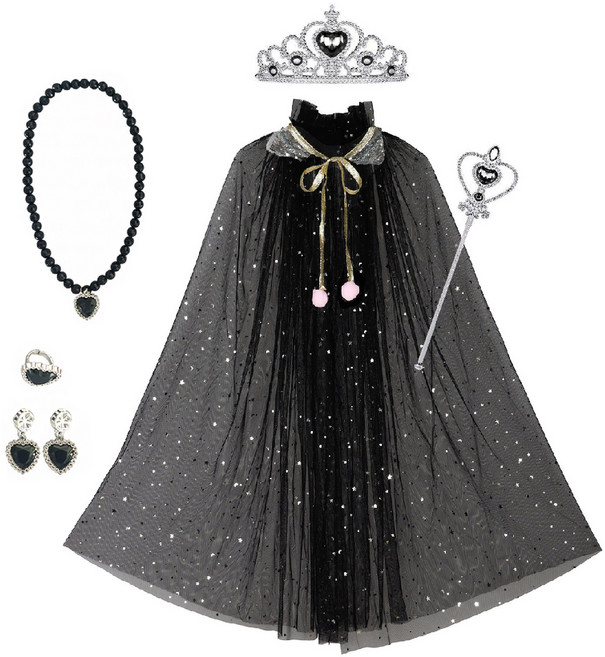 [청춘교복] 공주 생일 파티 용품 5종세트+망토 축하 브라이덜샤워 연말 선물 소품 프린세스 코스튬 주얼리 왕관 요술봉 목걸이 액세사리, 1개, 블랙