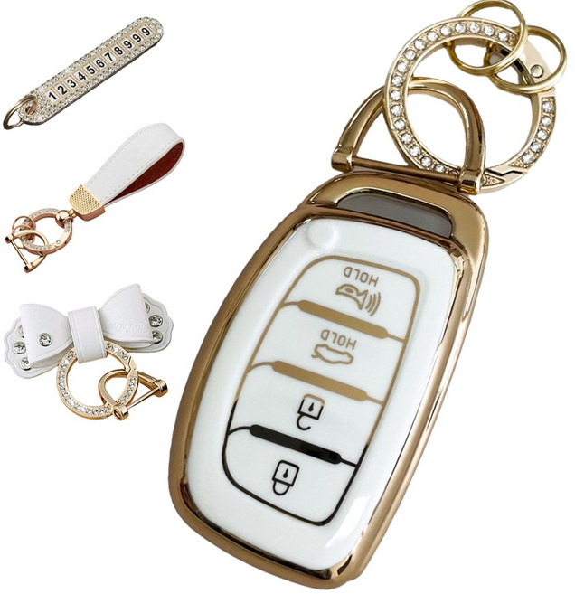 루루형제 현대 호환 자동차 프리미엄 TPU 키 케이스+번호키링+가죽스트랩+가죽리본, 크림화이트, AH-04