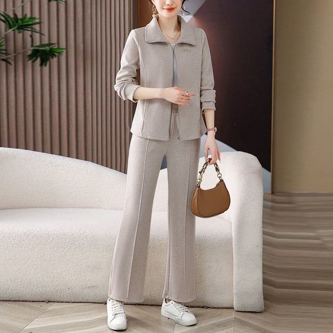 중년 여성 트레이닝복 세트 캐주얼 봄 가을 긴팔 터틀넥 가디건 코트 + 하이웨이스트 일자 팬츠 상하의 투피스 기질 엄마 운동복 WXY