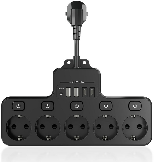 다용도 멀티어뎁터 개별스위치 AC 5구 USB포트 멀티충전 T형 벽면 멀티탭 콘센트, 1개, 블랙 5구 개별스위치, 10cm