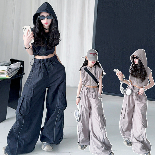 해피델리 주니어 후드집업탑 + 바스락 와이드 팬츠 세트 초등학생 민소매 나시 밴딩 카고바지 카고팬츠 방송댄스복 무대의상