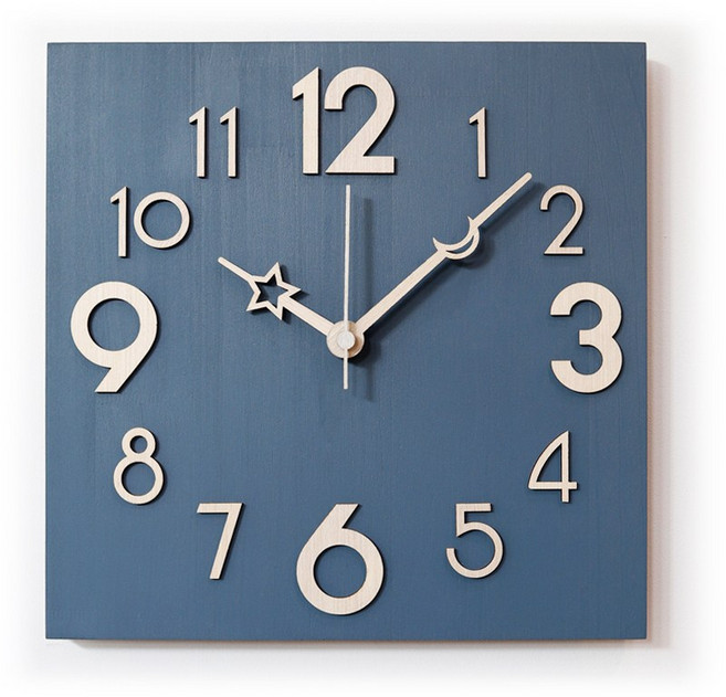 모프 입체 원목 무소음벽시계 (원형/사각), 블루_사각